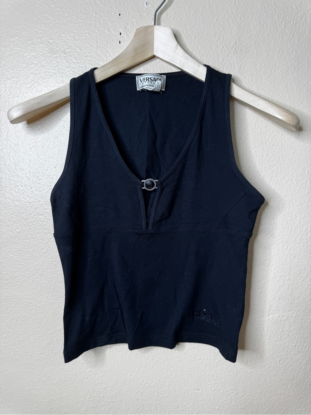 Versace Intensive Tank Top Women Medium Black Y2K Medusa Hardware Stretch Italy - Picture 2 of 9